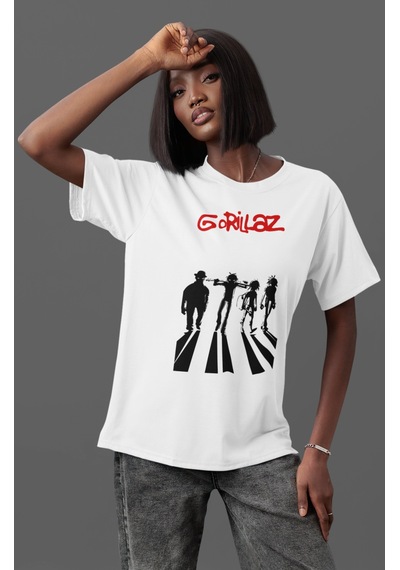Gorillaz Rock Metal Müzik Grubu Ön Baskılı Unisex Oversize Tişört Beyaz