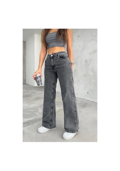 Woddi Palazzo Kadın Füme Likralı Salaş Palazzo Jeans Pantolon New Sezon Rahat Kesim-4