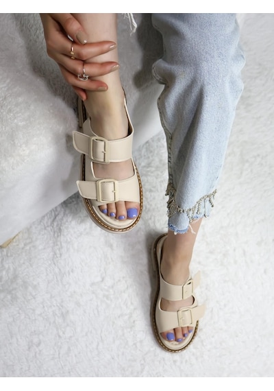 Asmi Shoes Kadın Çift Bantlı Kalın Taban Ortopedik Sandalet Bej Bej