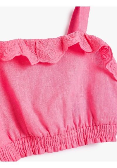 Koton Crop Keten Bluz Askılı Fırfır Detaylı Pembe 4smg60019aw Pembe
