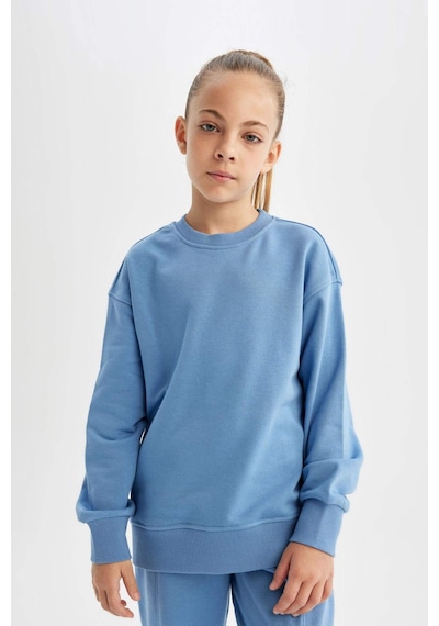 Defacto Kız Çocuk Relax Fit Bisiklet Yaka Pamuklu Basic Düz Okul Sweatshirt A2797A824AUBE756 Mavi