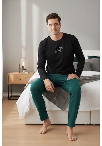 Siyah İnci Uzun Kollu Büyük Beden Örme Pijama Takım7918 Lacivert