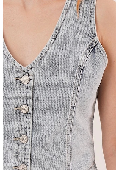 Defymoda Düğme Ve Ön Dikiş Detaylı Mavi Jean Yelek Mavi