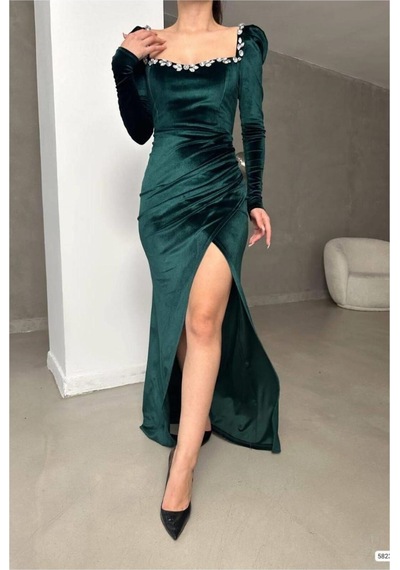 DefyModa Kadın Hediyelik Kare Yaka Taş Detaylı Uzun Kollu Abiye Elbise Zümrüt