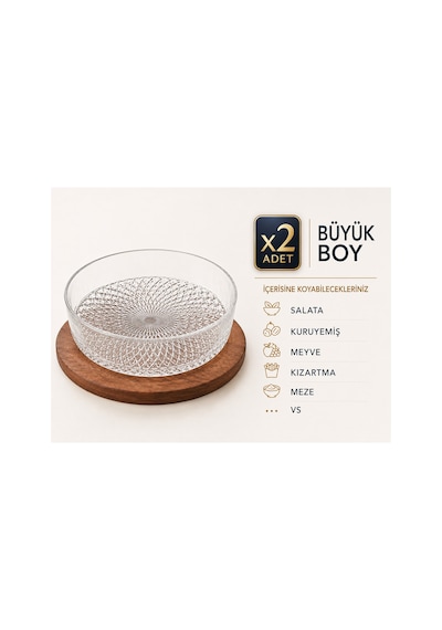 En Büyük Boy 2 Li Cam Kase Seti,25 Cm,şeffaf Servis,salata,meyve,kuruyemiş,meze,sunum Kasesi Şeffaf