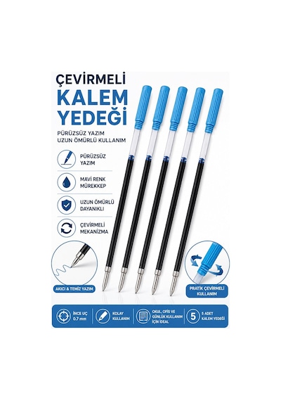 Plastik Çevirmeli Tükenmez Kalem Yedeği 5 Adet Tükenmez Kalem İçi Yedek Tükenmez Kalem İçi Okul Ofis Jel Kalem İçi