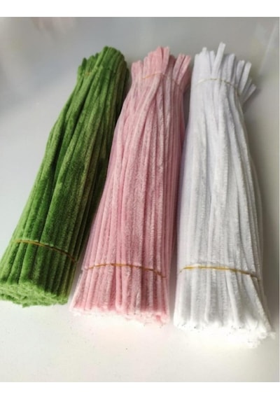3'lü Set Pastel Pembe 50 , Beyaz 25 , Ordu Yeşili 25 Şönil , Çiçek Yapımına Uygun Tüylü Tel