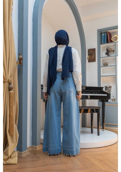 1166-parçalı Denim Bol Paça Pantolon Mavi Mavi