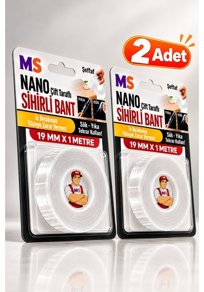 2 Adet Çift Taraflı Yapışkanlı Nano Sihirli Bantı 19mm X 1 Metre Şeffaf Silikon Sök Yıka Kullan Bandı
