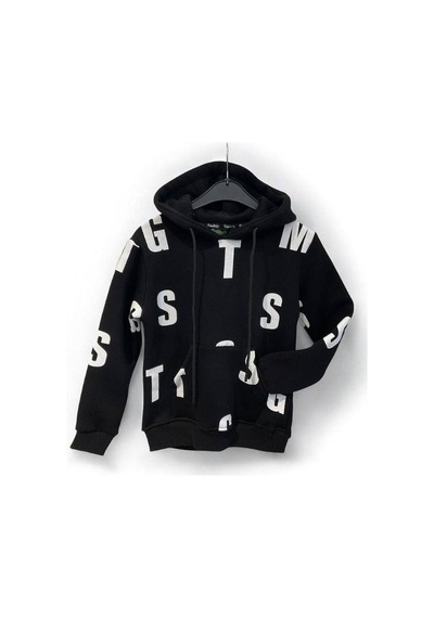 Ekkokids Çocuk Harf Baskılı Şardonlu Kapuşonlu Sweatshirt-15195 Siyah