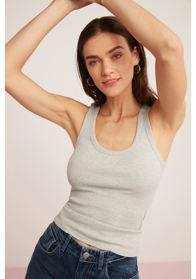 Ethıquet Lıllesol Kadın Fitilli Görünümlü Slim Fit Vücuda Oturan Havuz Yakalı Pamuklu Basic Gri Atle