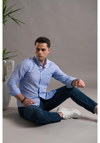 Dorss Slimfit Pamuklu Çizgili Yaka Düğmeli Uzun Kol Erkek Gömlek Mavi