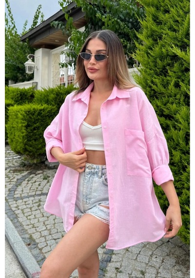 Rouge Basıc Oversize Keten Dokulu %100 Pamuk Salaş Gömlek Pembe