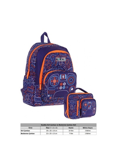 Kaukko Kids Oyun Temalı Erkek Çocuk Lacivert Turuncu Okul Çantası Ve Beslenme Çanta Takımı Lacivert
