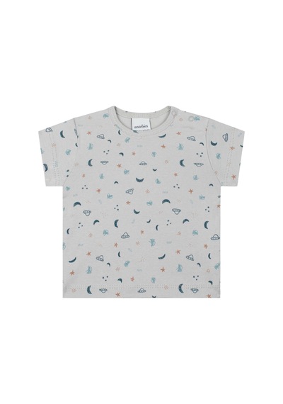 Antebies Organik Gri Uzay Desenli Beli Lastikli Bağcıklı Kısa Kollu Erkek Bebek Tshirt Şort Takımı