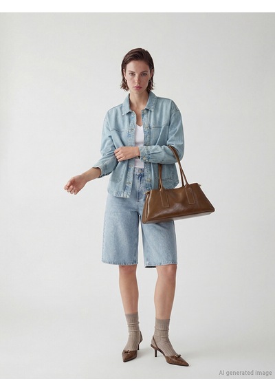 Lcw Vision İndigo Gömlek Yaka Oversize Kadın Jean Ceket