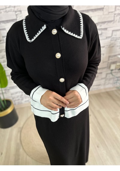 Merve Akyol Moda İnci Düğme Detaylı Triko İkili Takım Siyah Beyaz Siyah - Beyaz