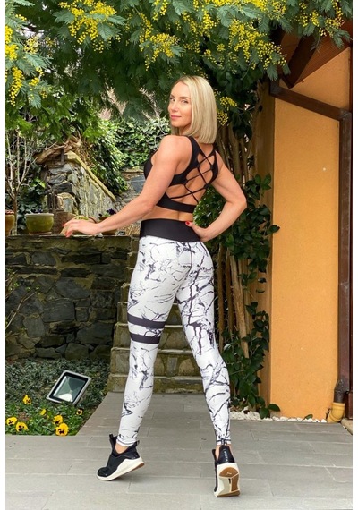 Lismina Mermer Desen Bacağı Şeritli Spor Tayt Beyaz - Siyah
