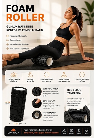 Foam Roller Yüksek Yoğunluklu Orta Sert Masaj Rulosu Eva Kas Gevşetici Yoga Pilates Fitness Çok Renkli