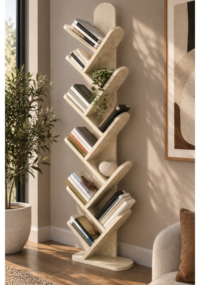 Sulorahome 10 Raflı Ekru Kitaplık 147 Cm Traverten Desenli Dikey Kütüphane
