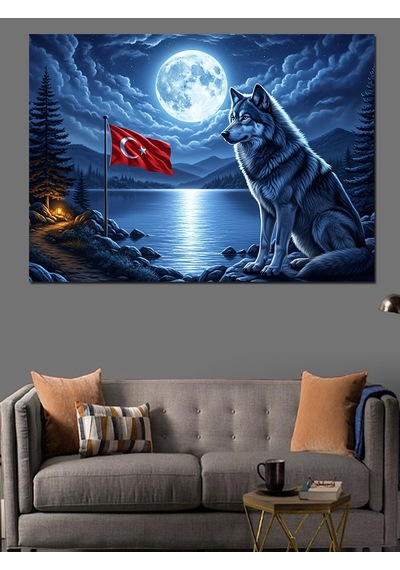 Ahşap Tablo Dolunay Altında Uluyan Kurt Silüeti Dekoratif Tablolar