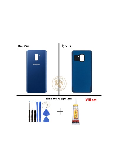 Samsung Galaxy A8 Plus 2018 A730 Mavi Renk Arka Kapak + Tamir Seti + B7000 Yapıştırıcı Arka Cam Batarya Kapağı Pil Kapağı Lazer Kesim Back Cover Galaxy A8 Plus Uyumlu