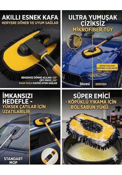 Ultra Yumuşak Premium Mikrofiber Ufak Makarna Başlıklı Teleskopik Araç Yıkama Mopu 1 Adet 50 - 110 Cm Mikrofiber Makarna Mop Havlu