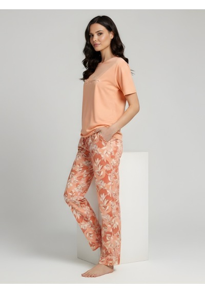 Kadın Kısa Kollu Desenli Pijama Takım Turuncu