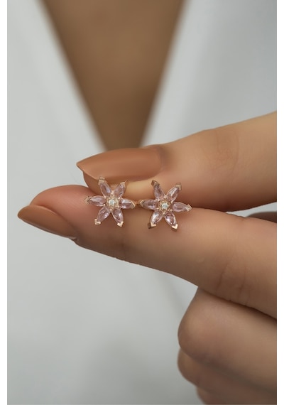 Nereze 925 Ayar Gümüş Pembe Taşlı Lotus Çiçeği Küpe