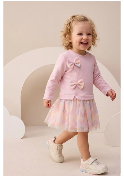 Fidekids Kız Çocuk Elbise Kalp Desenli Fiyonk Detaylı Pembe