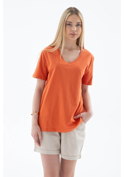 Fashion Friends V Yaka %100 Pamuklu Turuncu Kadın T-shirt 25y0248k1 Turuncu