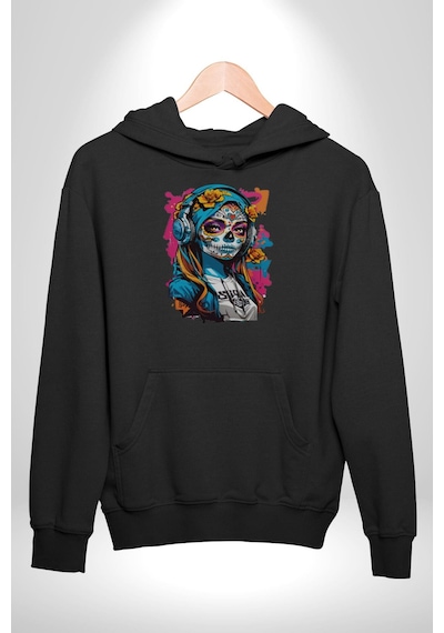 Kulaklık Müzik Dinleyen Kız Kadın Erkek Siyah Kapüşonlu Sweatshirt Hoodie Siyah