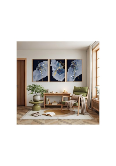 Ahşap Çerçeveli Renkli Gül Çizim Modern Üçlü Ahşap Tablo Seti