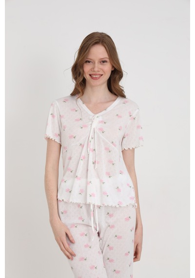 Elitol Jakarlı Viskon Bağlamalı Kadın Pijama Takımı Desenli-1