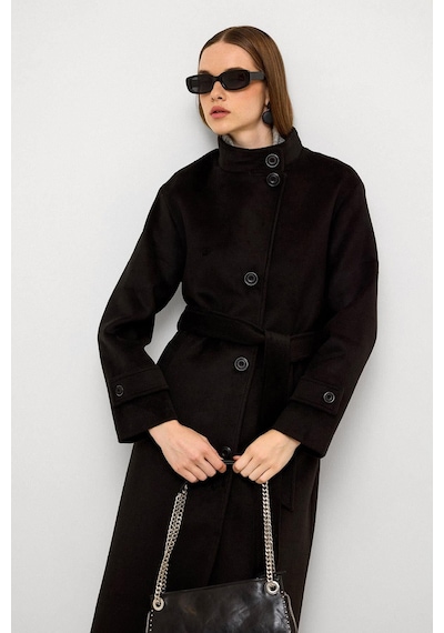 Olcay Dik Yaka Oversize Uzun Kaban Siyah 3124