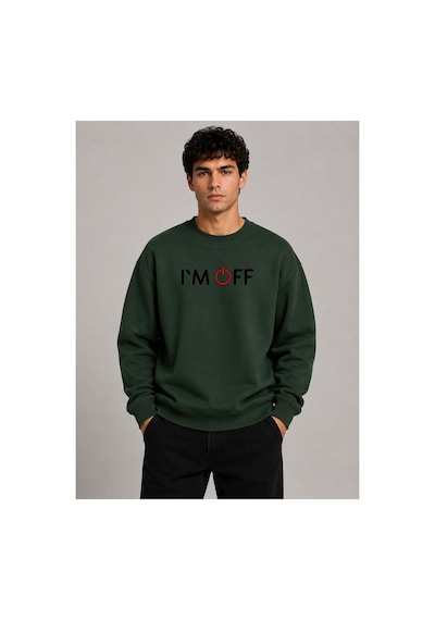 Herkesemoda İ'am Off Desen Baskılı Bisiklet Yaka Şardonlu 2 İplik Sweatshirt Yeşil