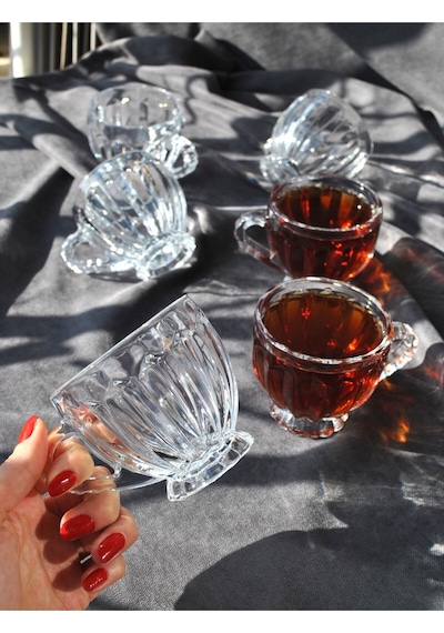 6'lı Cam Çay Bardağı Kulplu Ayaklı Çay Kupası Bardak 205 Ml- Mercan Şeffaf