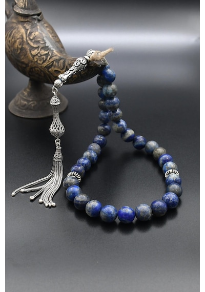 33'lük Doğal Lapis Lazuli Taşlı Tesbih 925 Ayar Gümüş Püsküllü 10mm Küre Kesim