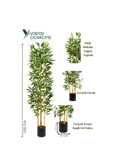 Yapay Çiçekçiniz Yapay Yoğun Yapraklı Dekoratif Bambu Ağacı 3 Gövde 150cm
