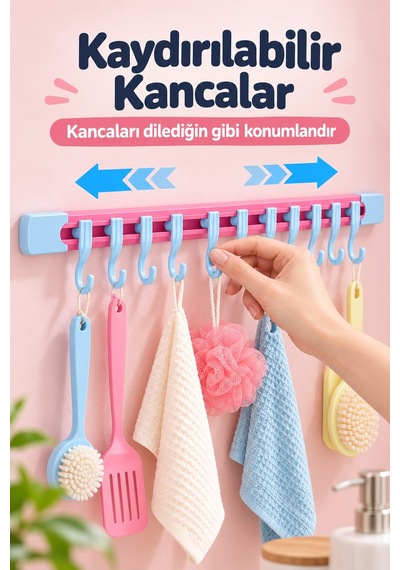 10 Kancalı Sürgülü Raylı Mutfak Ve Banyo Düzenleyici Askı 30 Cm Mavi - Pembe