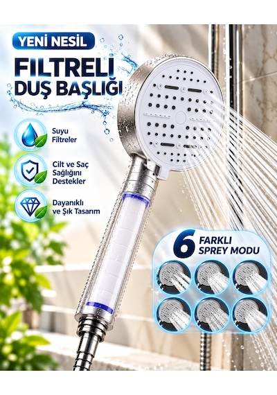 6 Modlu Filtreli Duş Başlığı Büyük Panel Su Tasarruflu Çok Fonksiyonlu Beyaz Duş Başlığı Çok Renkli