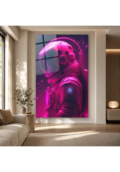 Pembe Neon Kasklı Astronot Çerçevesiz Cam Tablo