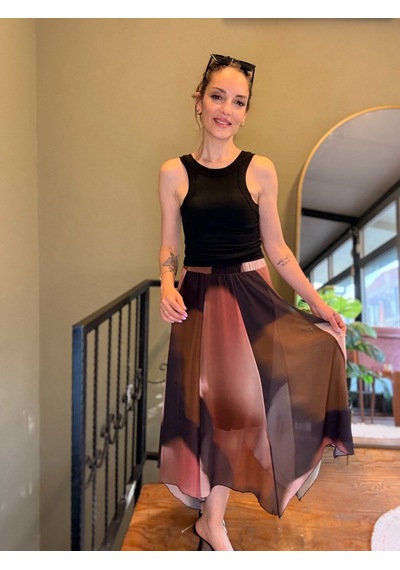 Ali Butik Kahve Batik Desen Asimetrik Şifon Etek