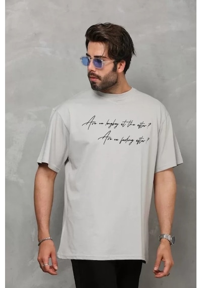 Vexor Unisex Bisiklet Yaka Baskılı Oversize T-shirt - Gri
