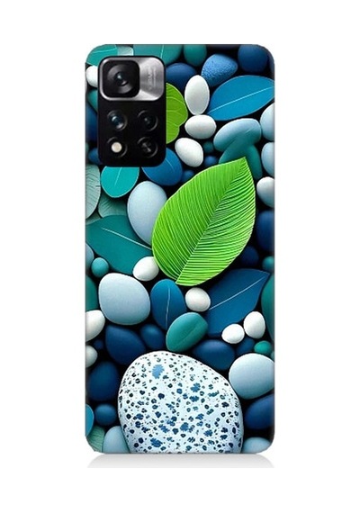 Xiaomi Redmi Note 11 Pro Uyumlu Mavi Turkuaz Taşlar Ve Yeşil Yaprak Desenli Silikon Kılıf