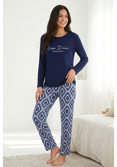 Aura Collections Kadın Desenli Bambu Viskon Uzun Kollu Soft Örme Mevsimlik Pijama Takımı Lacivert