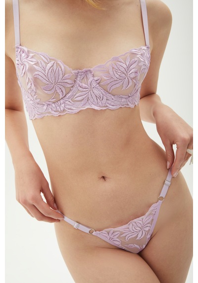 Arinda Lilac Floral Çiçek Desenli İşlemeli Brode Kapsız Balenli Bralette Sütyen Tanga Alt Üst Çamaşırı Takımı 2 Parça Lila