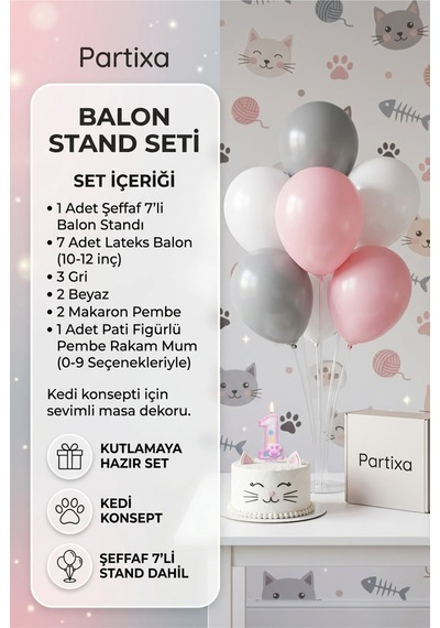 Kedi Temalı Pati Figürlü Rakam Mum Ve Balon Standı Seti - Doğum Günü Parti Süsleri 0-9 Yaş 0-99
