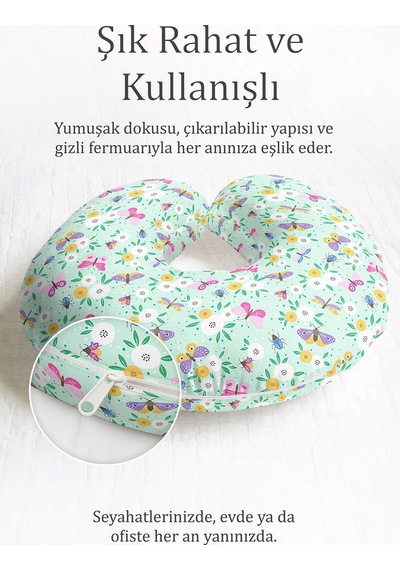 Kelebek Çiçek Desenli Pamuklu Boyun Yastığı - Pastel Yeşil Sarı Çocuk & Yetişkin Seyahat Yastığı Çok Renkli