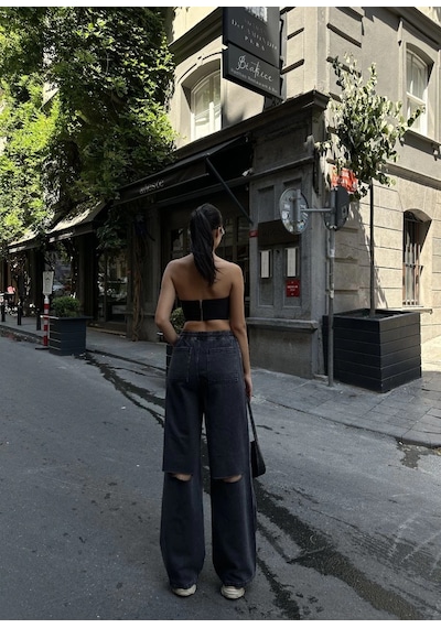 Genel Marka Arkadan Yırtmaçlı Jeans Kot Palazzo Pantolon - Siyah - Renkli